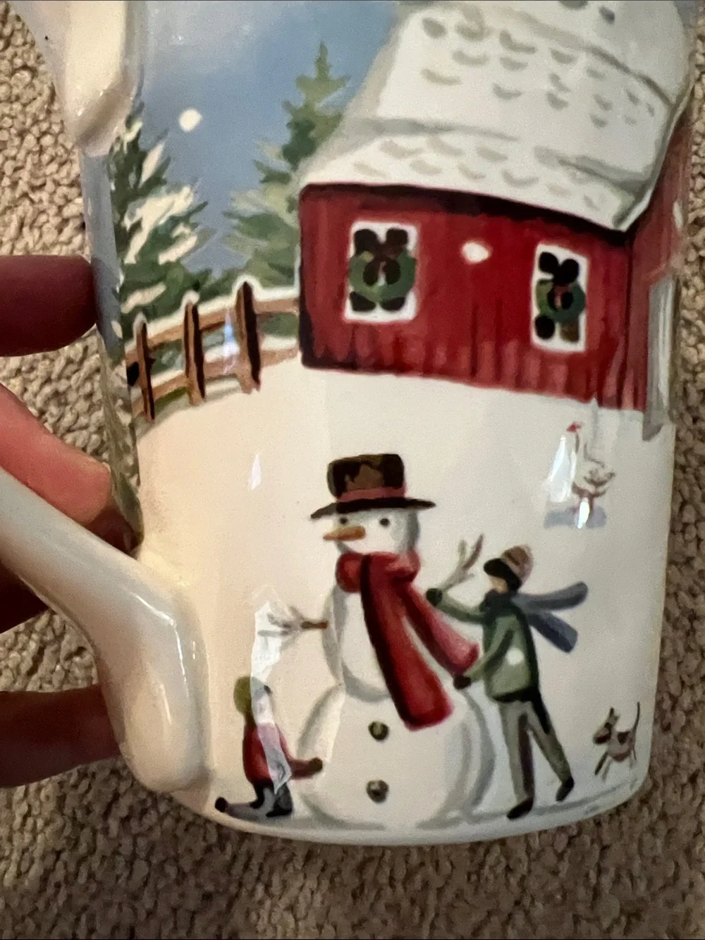 Pier 1 Red Barn Holiday Mug with Snowy Scene sleigh snowman